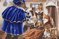 Reynard the Fox. The bear visits the fox. Watercolor on Arches paper. 17.5x14.5 inches.