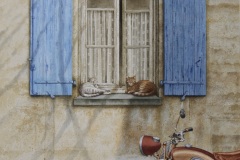 Blue shutters. Watercolor on Arches paper. 20x16 inches. 2024.